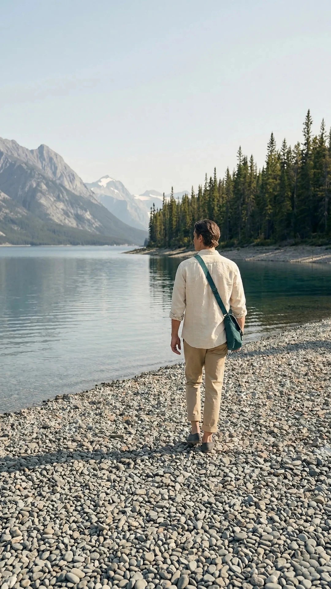 Man walking along a pebbly shore with mountains and trees in the background